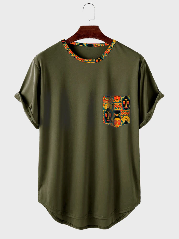 (image for) ChArmkpR Mens Ethnic Figure Face Print Patchwork Curved Hem Short Sleeve T-Shirts
