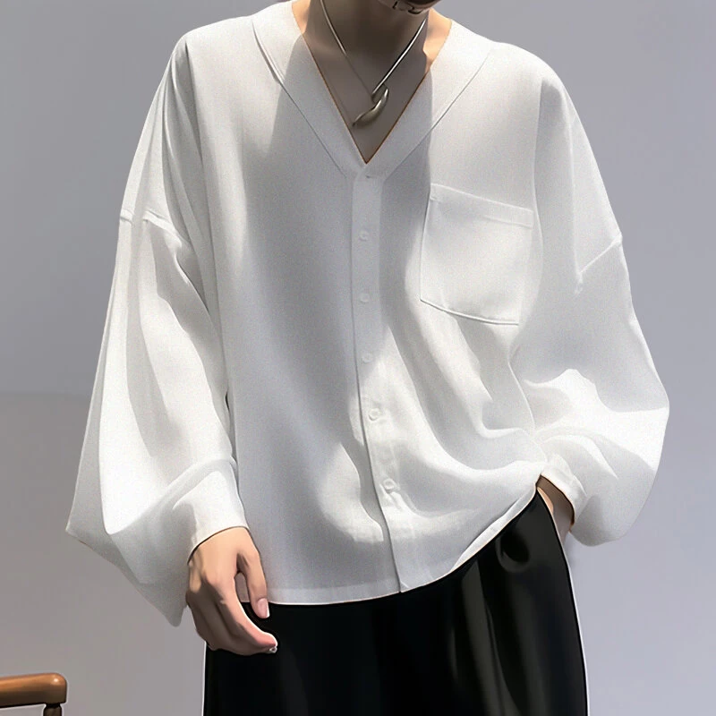 (image for) INCERUN Men Shirts Casual Blue Shirts Daily Long Sleeve White Shirts Solid Color V-neck Orange Shirts Summer Comfy Top with Breast Pocket
