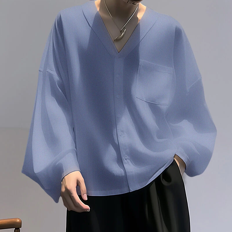 (image for) INCERUN Men Shirts Casual Blue Shirts Daily Long Sleeve White Shirts Solid Color V-neck Orange Shirts Summer Comfy Top with Breast Pocket