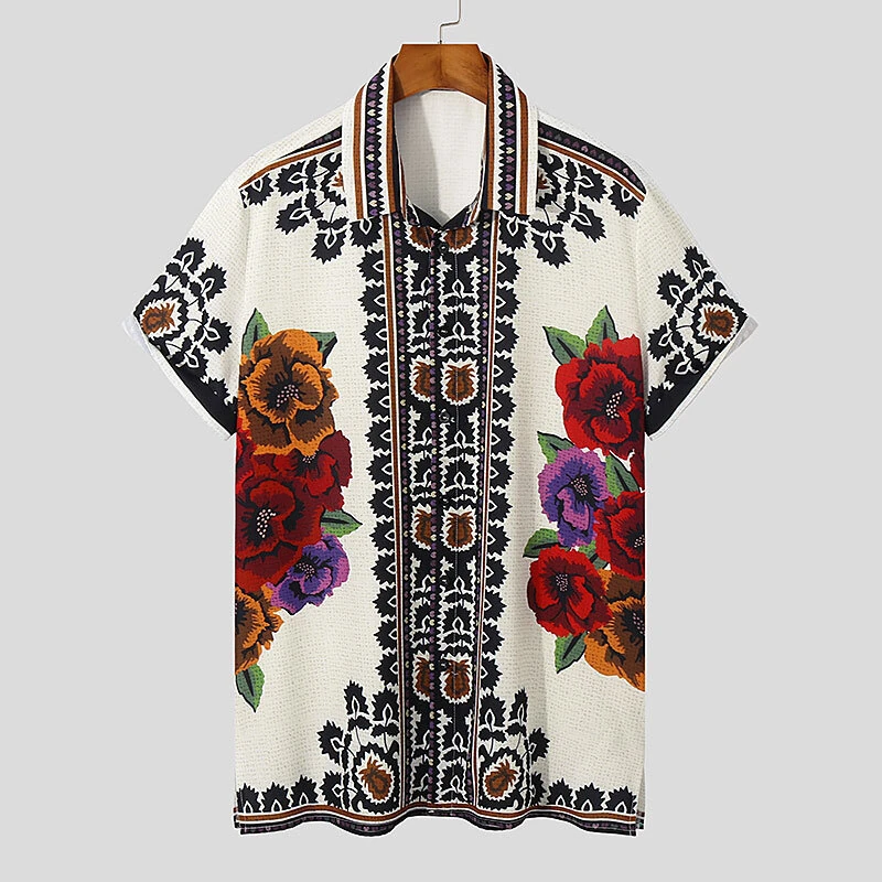 (image for) INCERUN Mens Vintage Floral Print Shirt Ethnic Print Button Up Lapel Short Sleeve Top Fashion Loose Fit for Men S-5XL