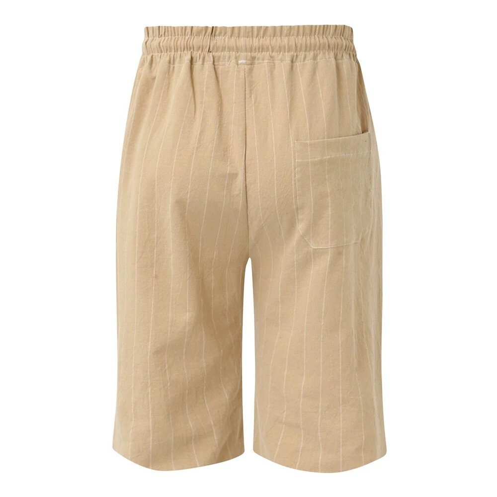 (image for) Men's Quick Dry Cotton Linen Shorts Summer Breathable Stripe Casual Gym Running Cargo Pocket Beach Five-point Pants Lightweight Comfortable