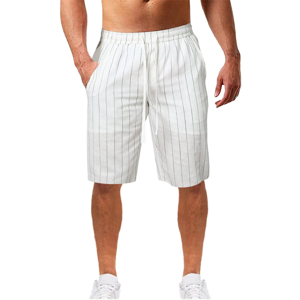 (image for) Men's Quick Dry Cotton Linen Shorts Summer Breathable Stripe Casual Gym Running Cargo Pocket Beach Five-point Pants Lightweight Comfortable